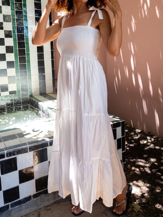 White Midi Maxi Linen Blend Dress Tie Straps Smocked Lined Xl Gap Bride Bridal